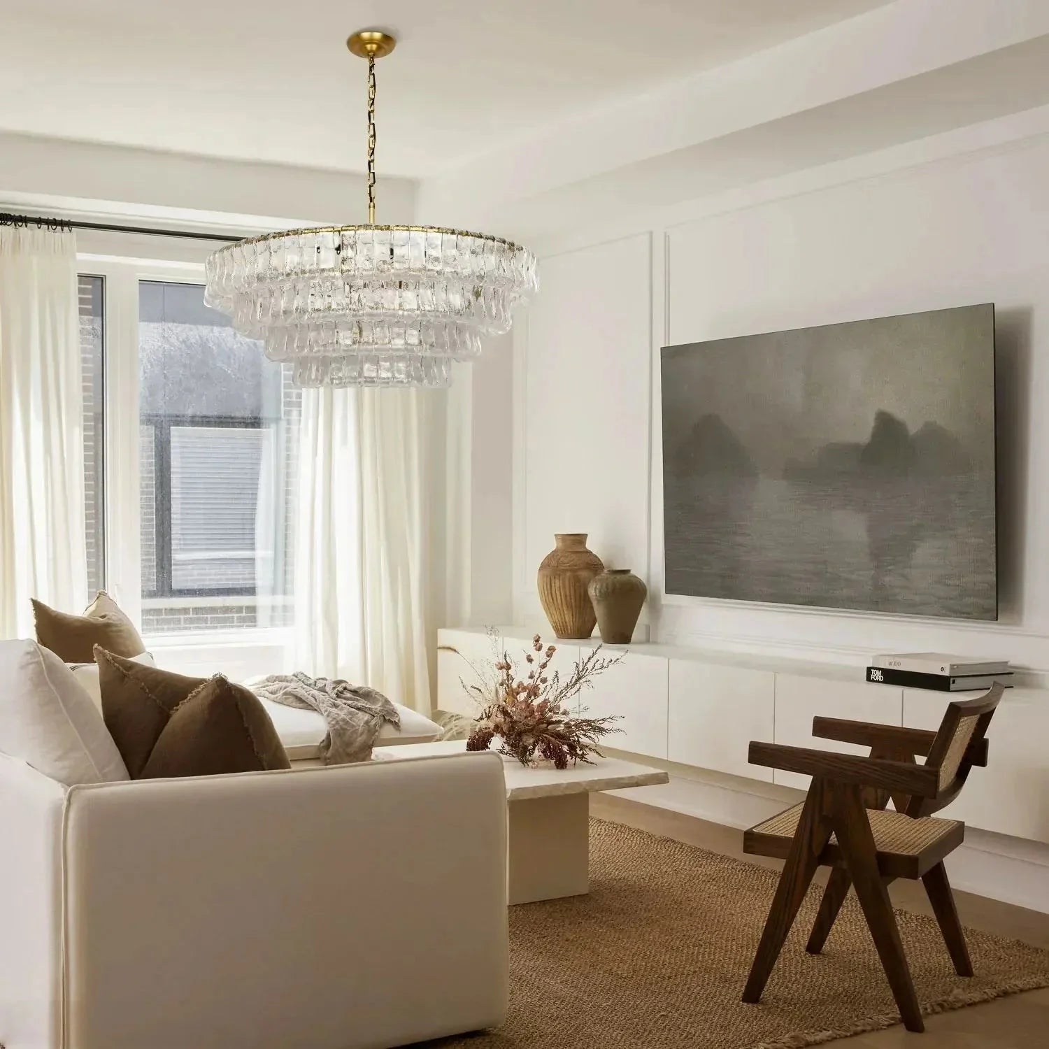Ghiaccio Glass Round Chandelier 24" 36" 48" 60" - 3 - Tier 24"BronzeClearBlushlighting