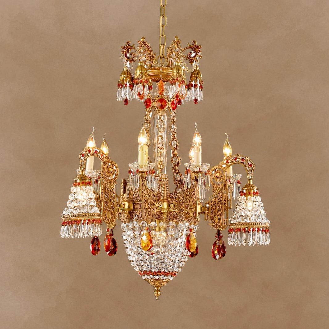 Gilded Baroque Splendor in Amber Flame Crystal Chandelier