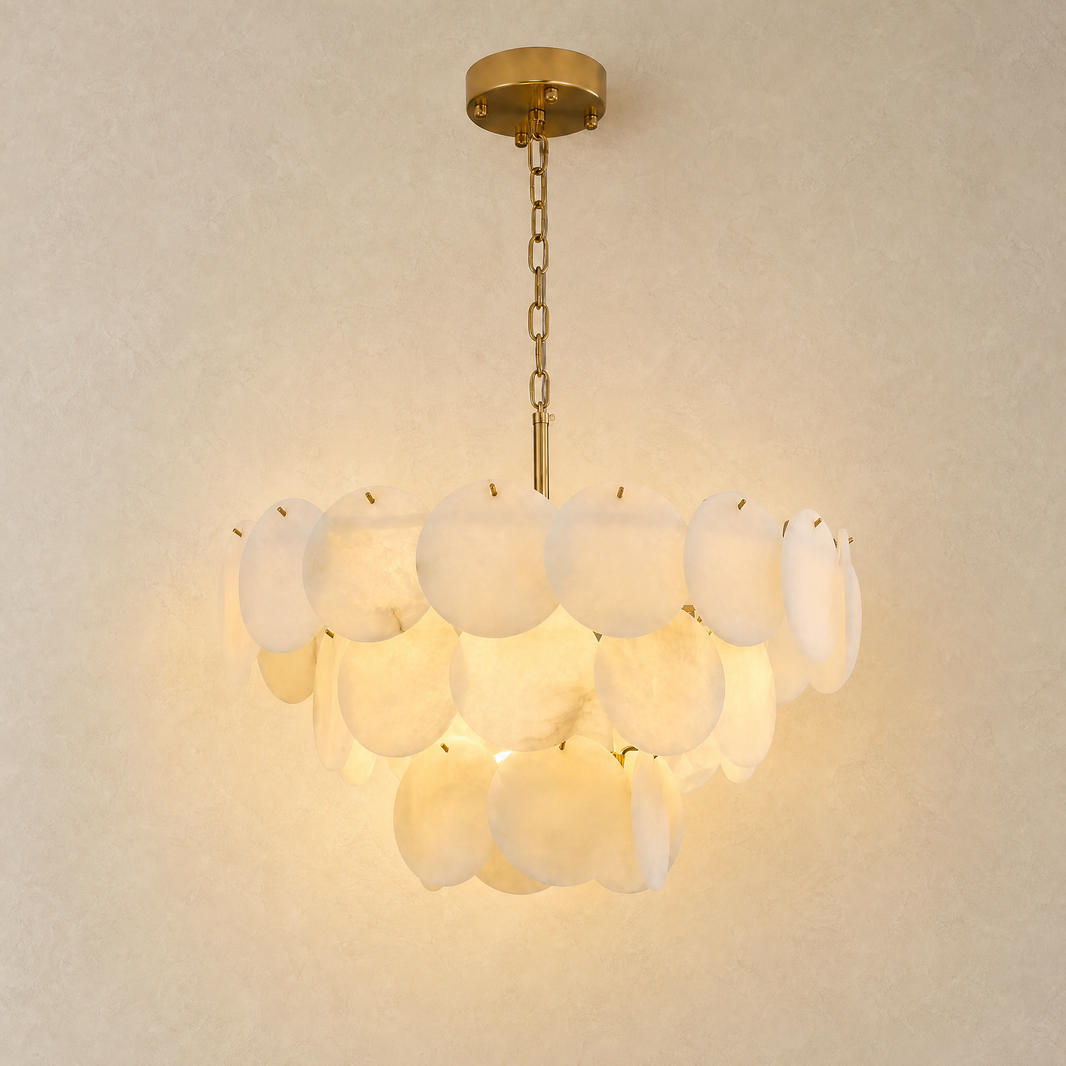 26" Natural Alabaster Round Chandelier - lit