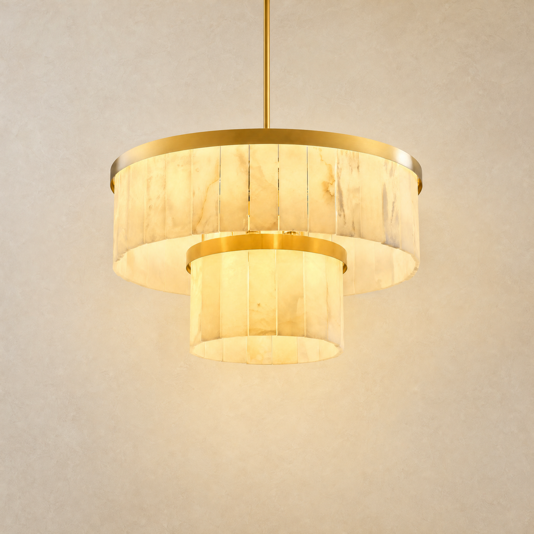 24" 2-Tier Alabaster Round Chandelier - Gold - lit