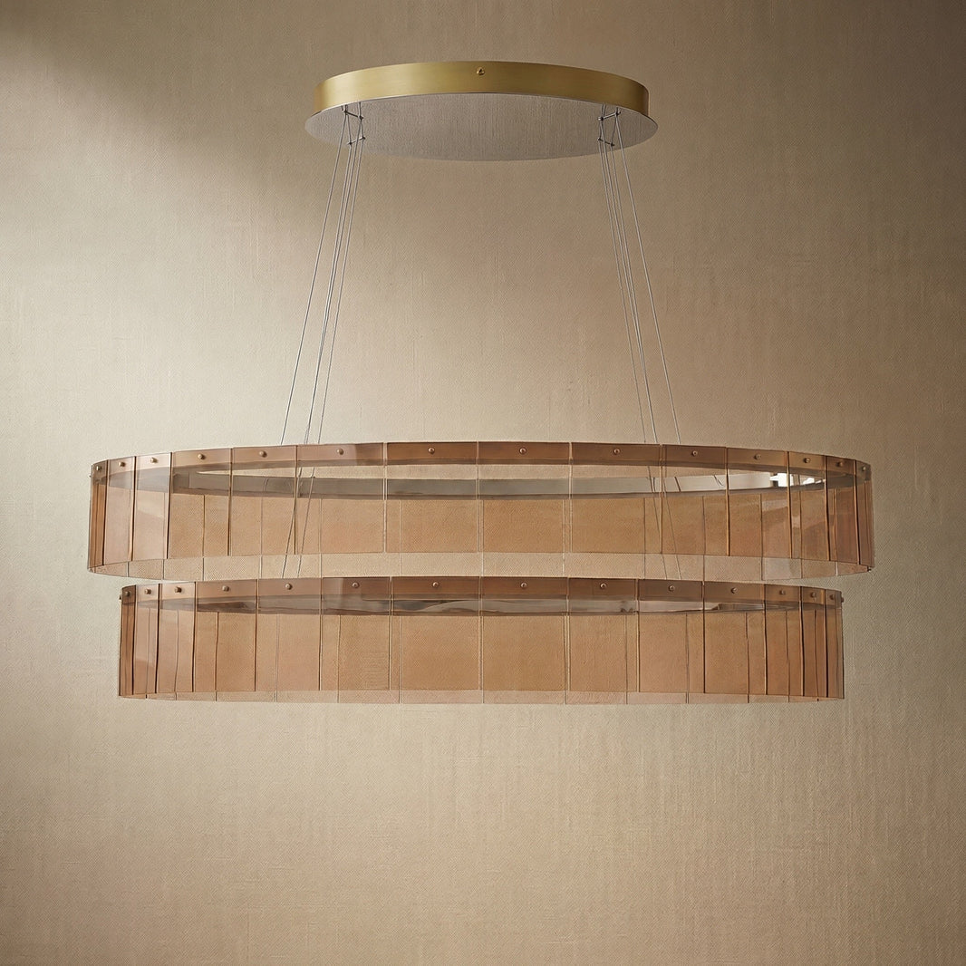 Astor 59 inch oval handmade glass linear chandelier with antique brass finish — modern dining pendant