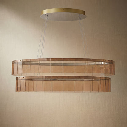 Astor 59 inch oval handmade glass linear chandelier with antique brass finish — modern dining pendant