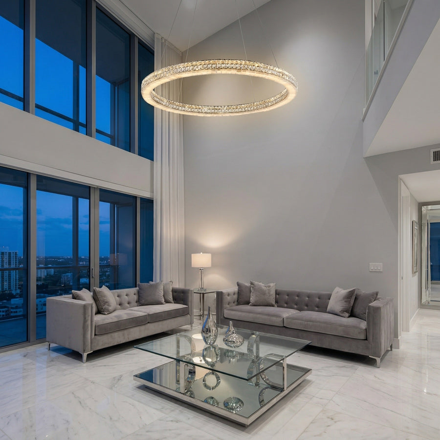 Modern dining room 39 inch crystal & alabaster ring chandelier over wooden table — Vera chrome
