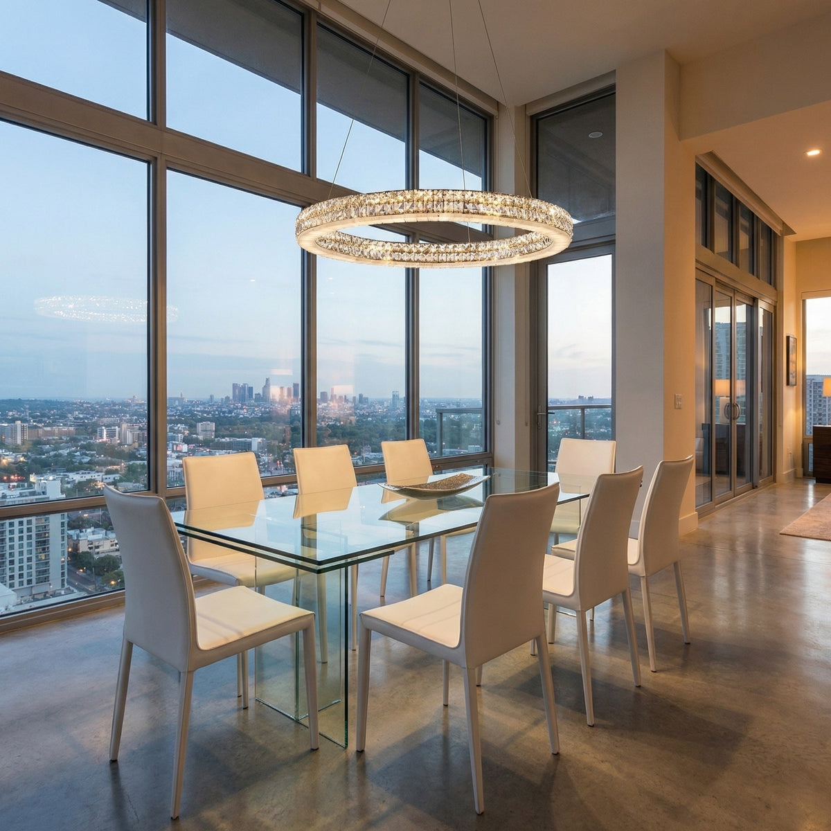 31 inch crystal & alabaster ring pendant over kitchen island — Vera chrome chandelier