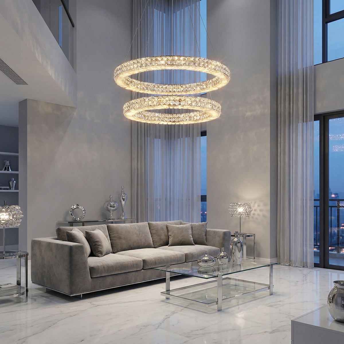 Modern living room 24 inch crystal & alabaster ring chandelier — Vera chrome