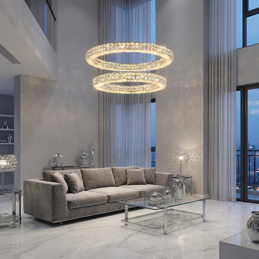 Modern living room 24 inch crystal & alabaster ring chandelier — Vera chrome