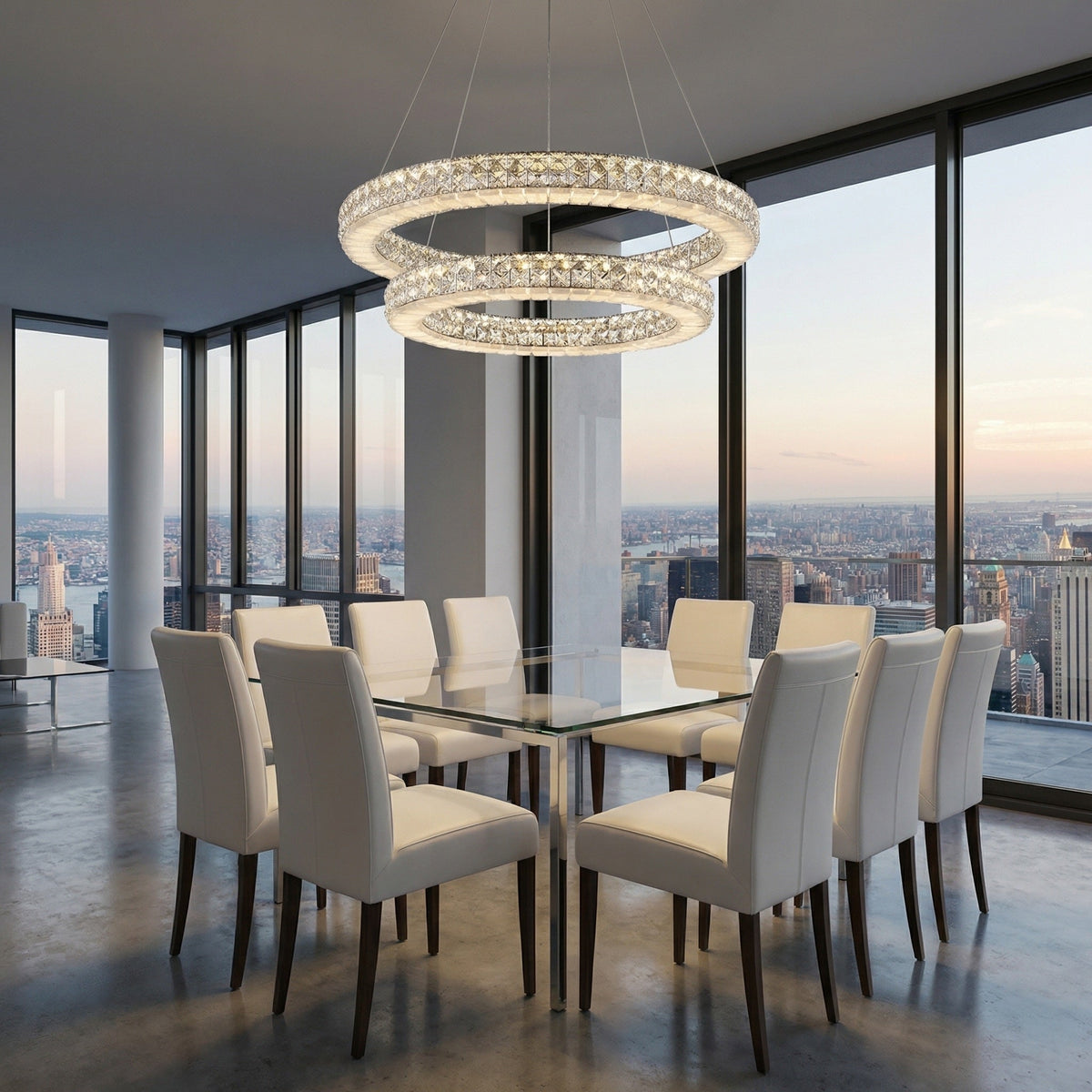 24 inch crystal & alabaster ring pendant in modern bedroom — Vera
