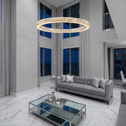 Modern dining room 31 inch crystal & alabaster ring chandelier over table — Vera chrome