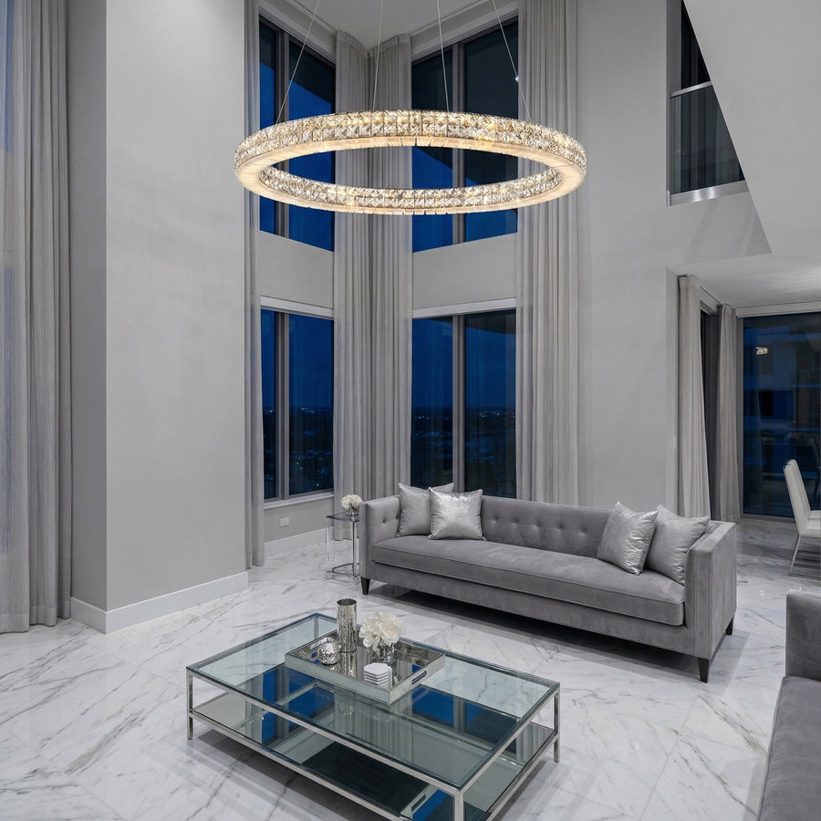 Modern dining room 31 inch crystal & alabaster ring chandelier over table — Vera chrome