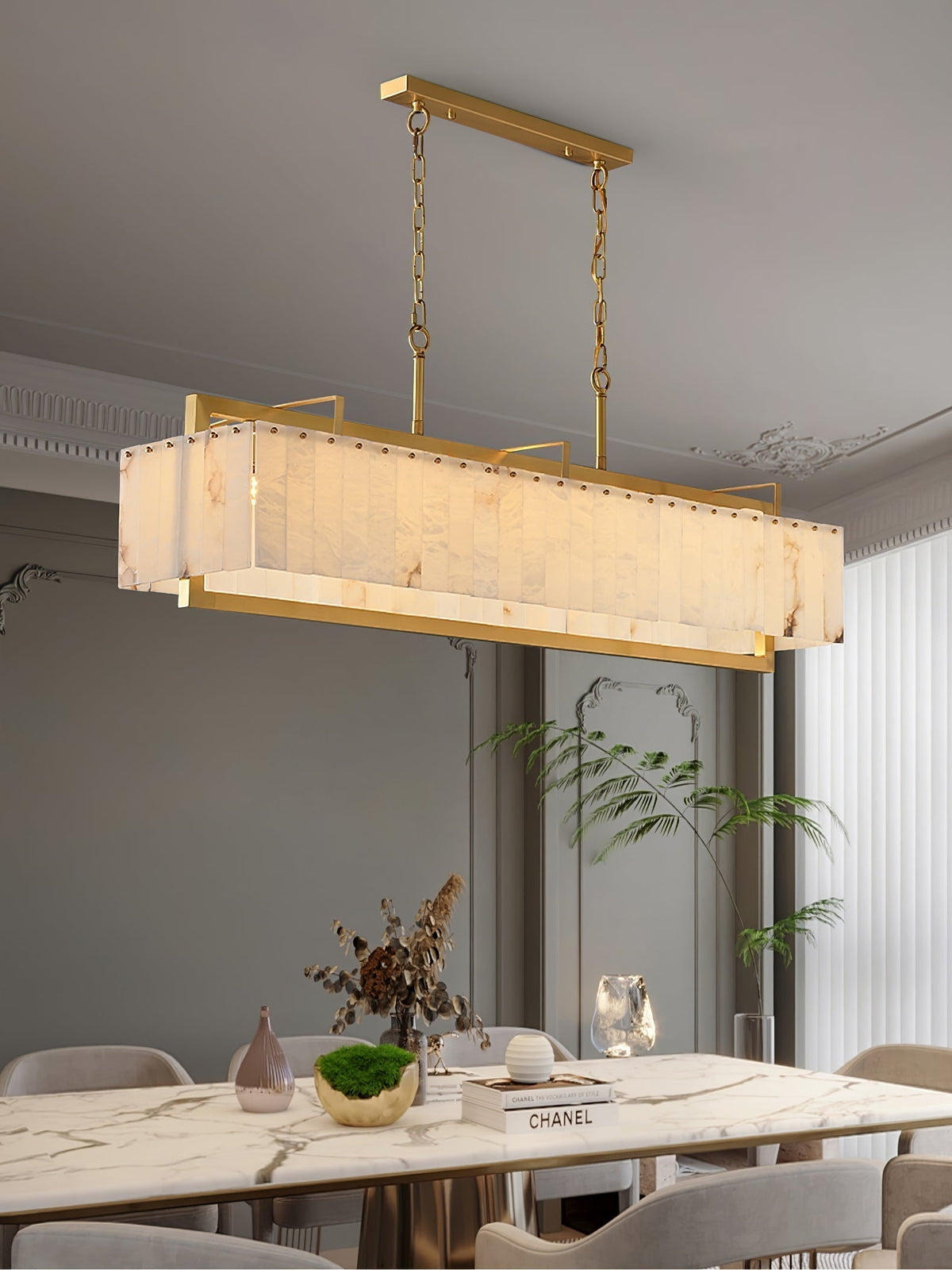 Hexa Alabaster Chandelier - L 49.2″ x W 8.3″ x H 23.6″Gold & WhiteBlushlighting