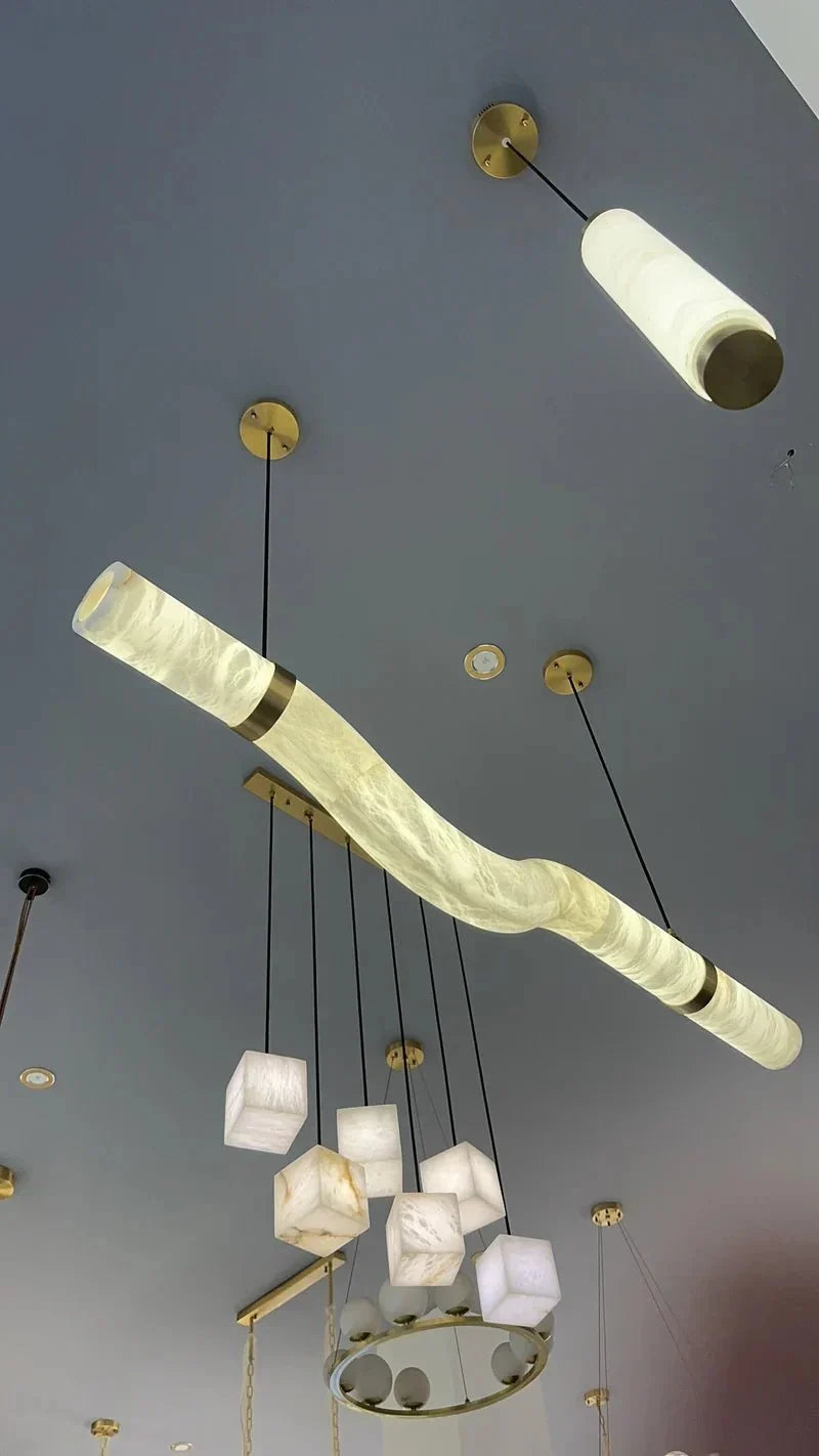 Liberty Curved Pendant Alabaster Chandelier, Pendant Light Over Dining Table