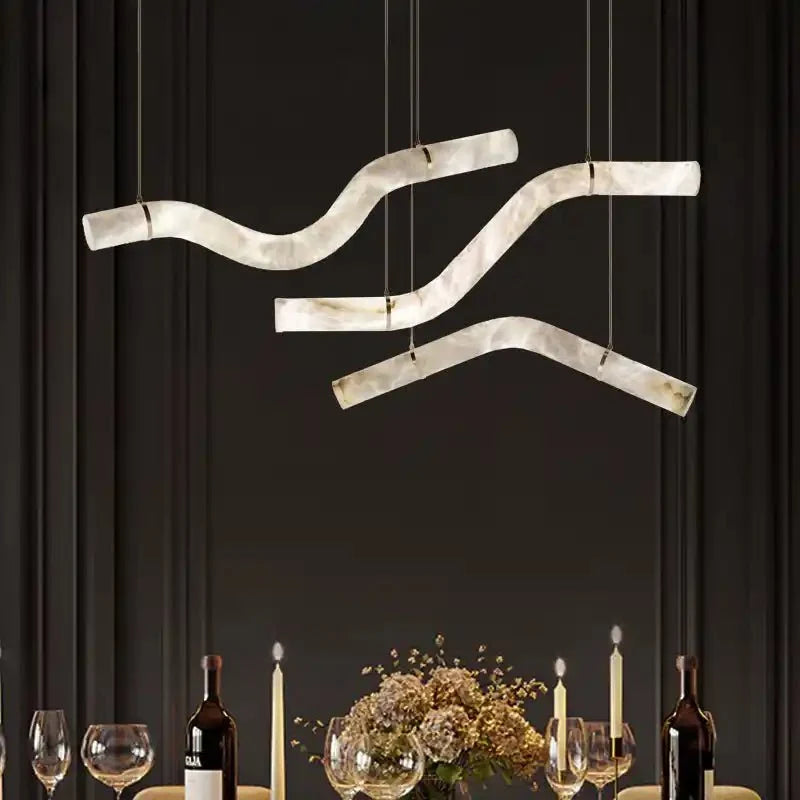 Liberty Curved Pendant Alabaster Chandelier, Pendant Light Over Dining Table