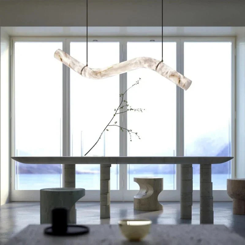 Liberty Curved Pendant Alabaster Chandelier, Pendant Light Over Dining Table