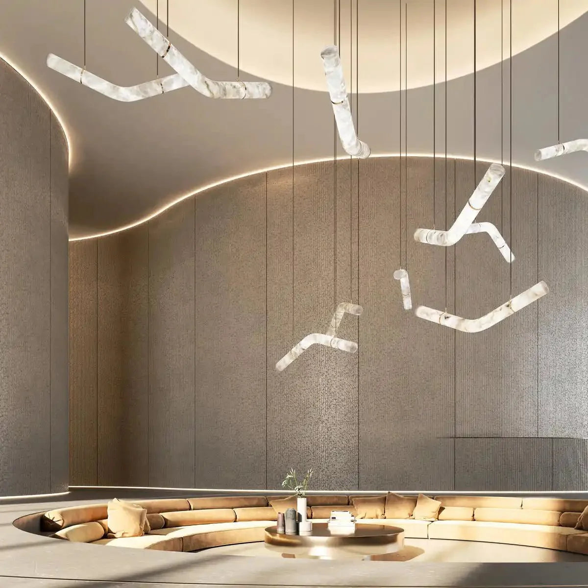 Liberty Curved Pendant Alabaster Chandelier, Pendant Light Over Dining Table