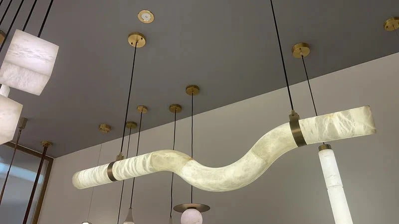 Liberty Curved Pendant Alabaster Chandelier, Pendant Light Over Dining Table