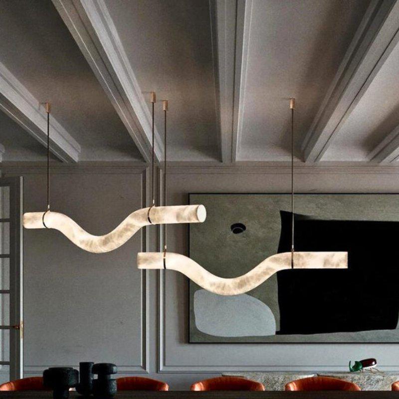 Liberty Curved Pendant Alabaster Chandelier, Pendant Light Over Dining Table