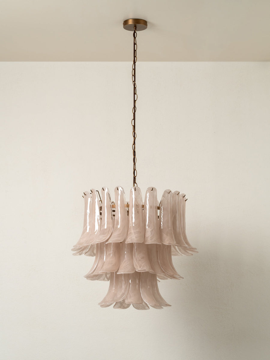 Lonso Taupe Mid-Century Brass & Glass Chandelier – Vintage Glam