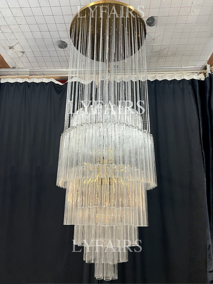 Luxury Floating Cascade Clear Glass Tube Chandelier for High Ceilings