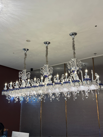 Luxury French Palace–Style Blue & Clear Crystal Rectangular Chandelier for Dining Spaces