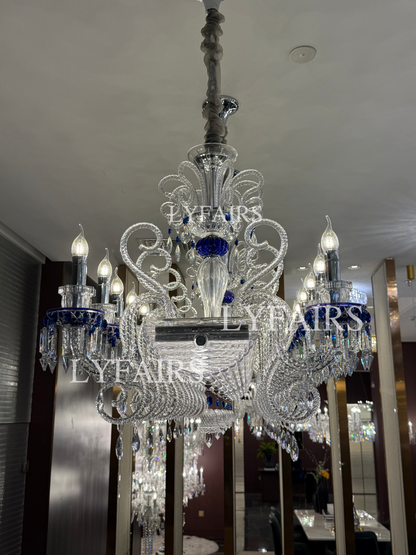 Luxury French Palace–Style Blue & Clear Crystal Rectangular Chandelier for Dining Spaces