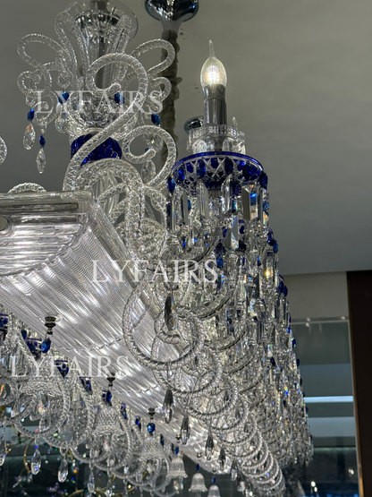 Luxury French Palace–Style Blue & Clear Crystal Rectangular Chandelier for Dining Spaces