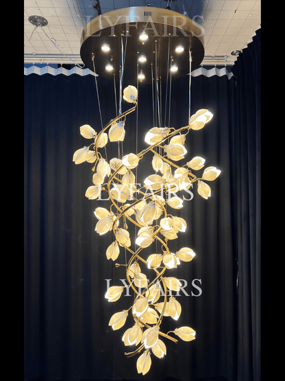 Spiral Pure White Magnolia Chandelier with Golden Branches for Staircase/High-ceiling Space/Foyer/ Duplex