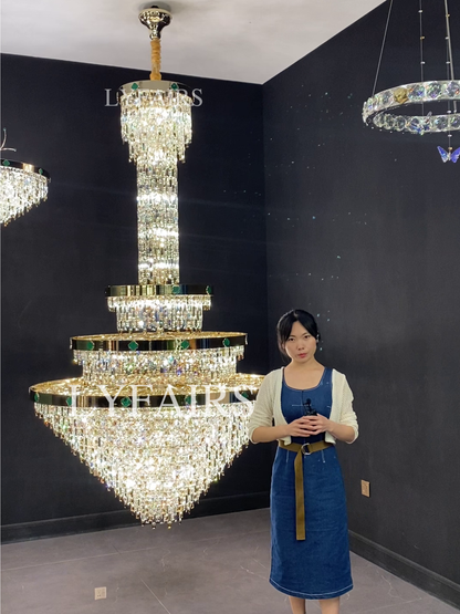 Extra Large 3-layer Conical Funnel Crystal Chandelier for High-ceiling Foyer/Hallway/Entryway