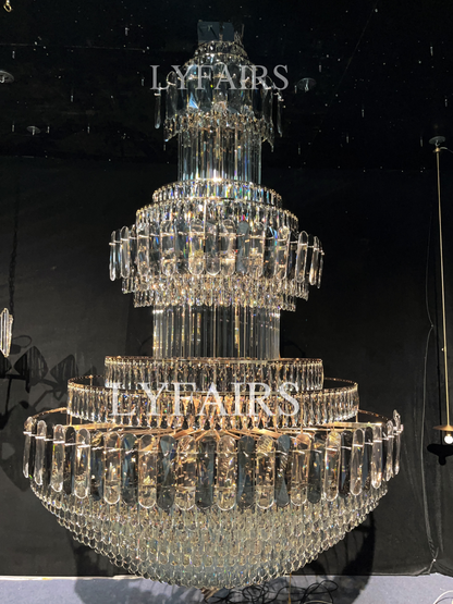 Golden Era Grand Cascade Fountain Smoky Gray&Clear Crystal Chandelier for High-ceiling