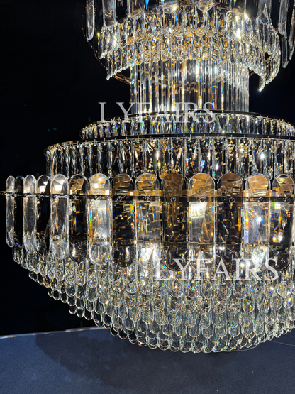 Golden Era Grand Cascade Fountain Smoky Gray&Clear Crystal Chandelier for High-ceiling