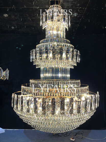 Golden Era Grand Cascade Fountain Smoky Gray&Clear Crystal Chandelier for High-ceiling