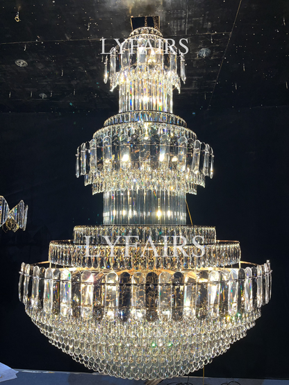 Golden Era Grand Cascade Fountain Smoky Gray&Clear Crystal Chandelier for High-ceiling
