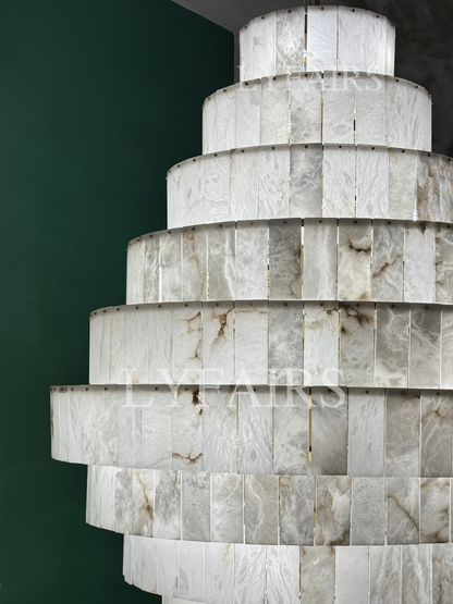 Luxury Sculpted Pyramid-Tier Alabaster Chandelier for High Ceiling