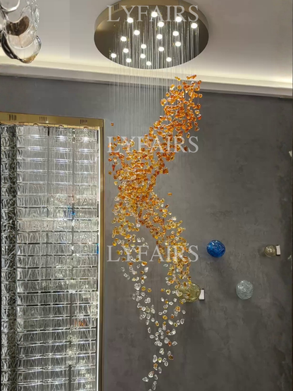 Modern Cascading Spiral Orange Glazed Glass Stone Chandelier for High Ceiling