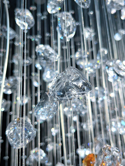 Modern Waterfall Glass Gem Stone&Teardrop Chandelier With Rectangle Canopy for Villa/Hotel/Entryway/Living Room