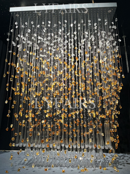 Modern Waterfall Glass Gem Stone&Teardrop Chandelier With Rectangle Canopy for Villa/Hotel/Entryway/Living Room