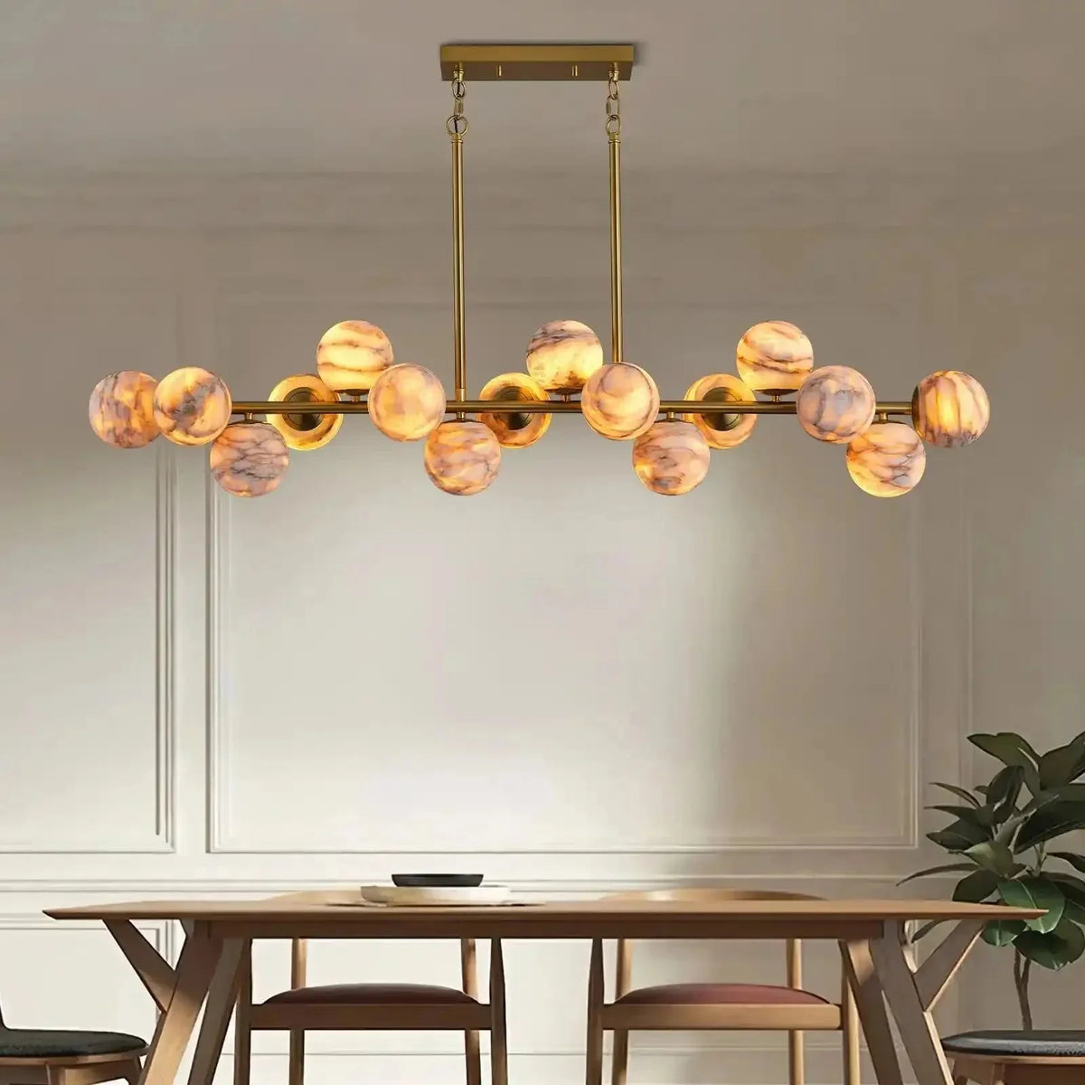 Mid Century Modern Sputnik 12 Light Gold Alabaster Globe Chandelier