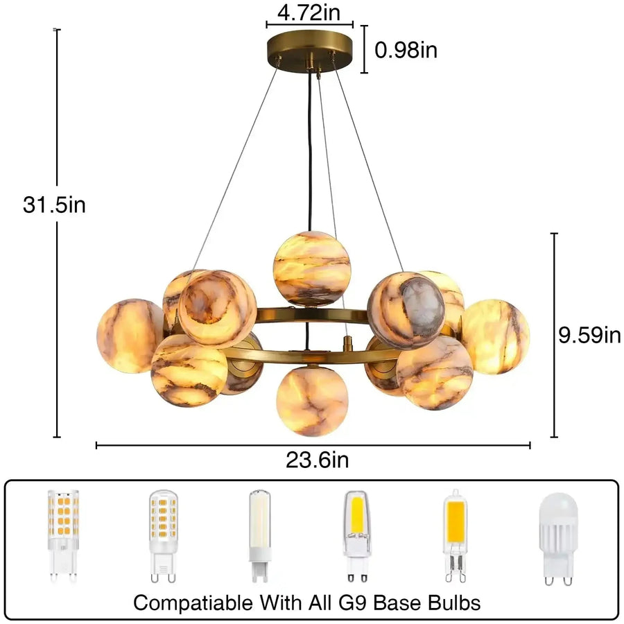 Mid Century Modern Sputnik 12 Light Gold Alabaster Globe Chandelier