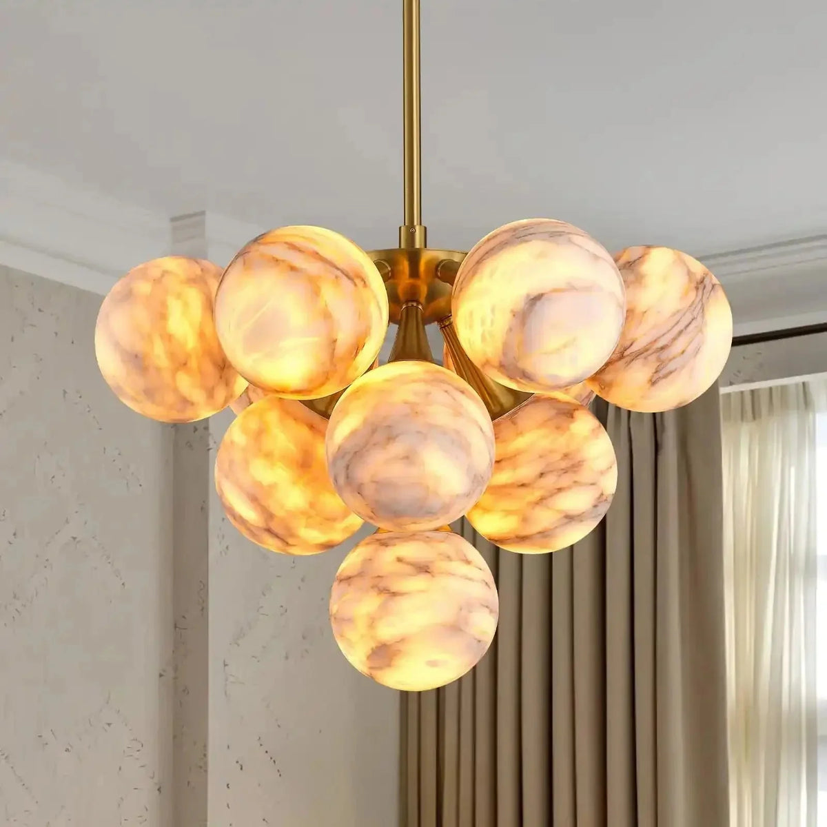 Mid Century Modern Sputnik 12 Light Gold Alabaster Globe Chandelier