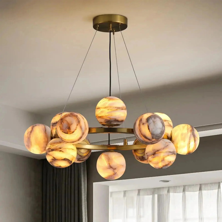 Mid Century Modern Sputnik 12 Light Gold Alabaster Globe Chandelier