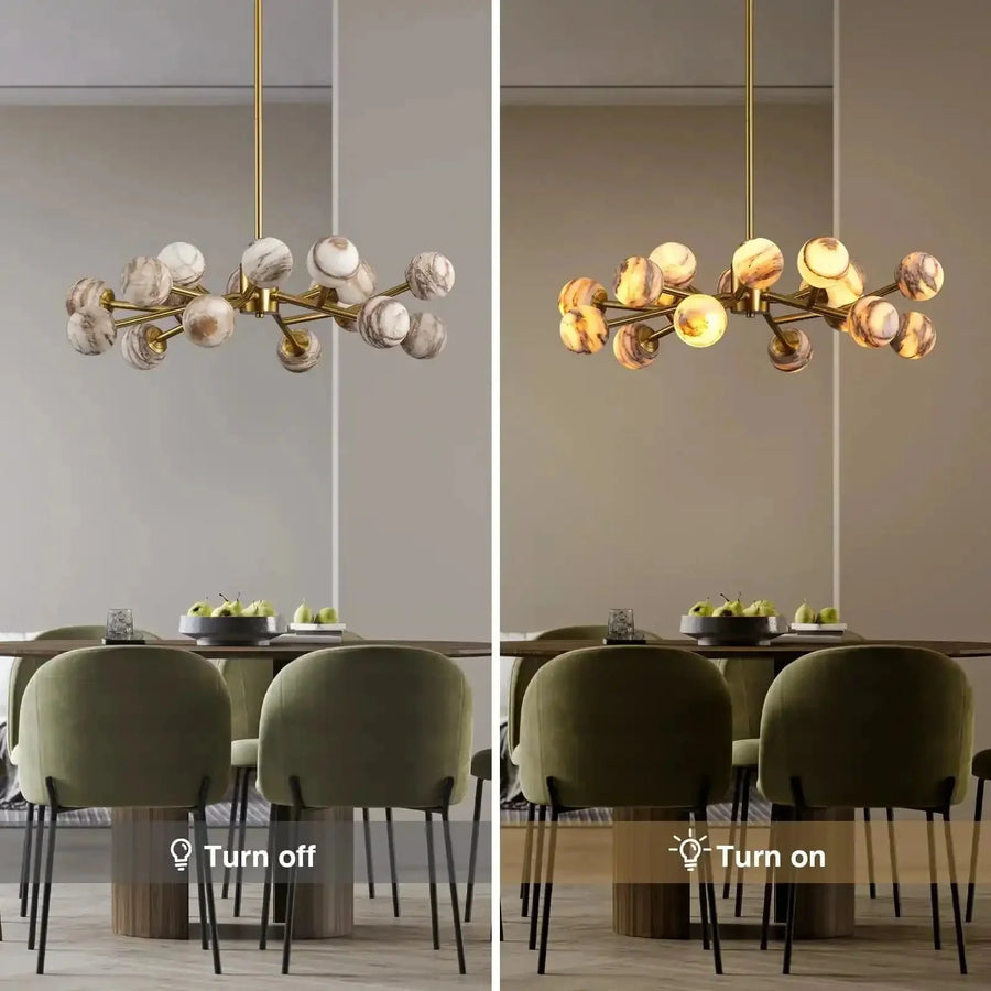 Mid Century Modern Sputnik 12 Light Gold Alabaster Globe Chandelier