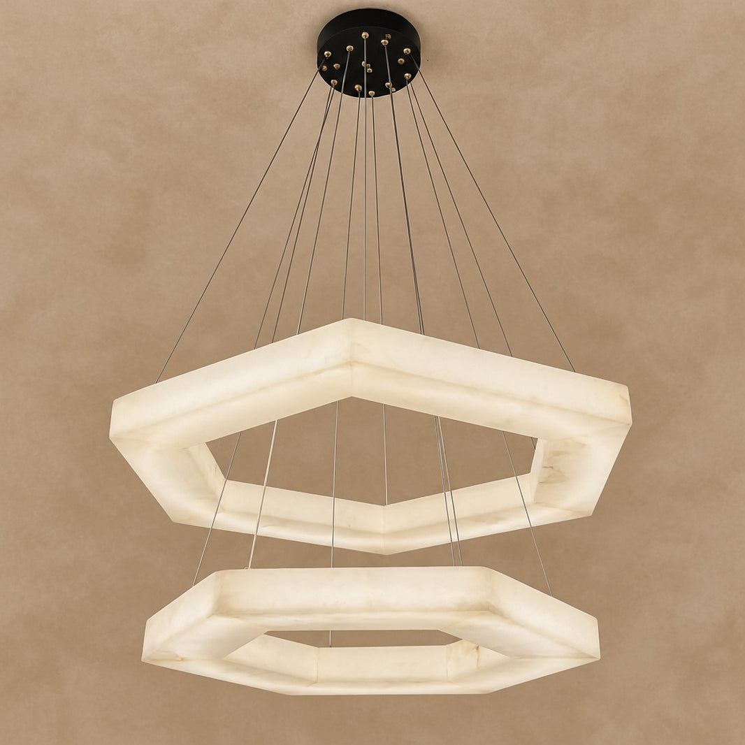 Minimalist Dual-Tier Hexagonal Alabaster Chandelier