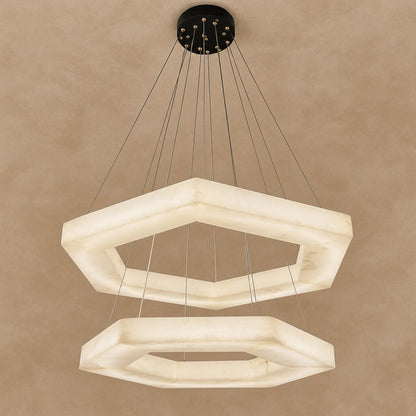 Minimalist Dual-Tier Hexagonal Alabaster Chandelier