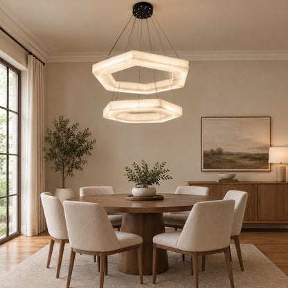 Minimalist Dual-Tier Hexagonal Alabaster Chandelier