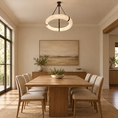 Oslo L1P Pendant Alabaster Chandelier, Halo Ring Chandelier With canopy Over Dining Table