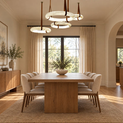 Oslo L1P Pendant Alabaster Chandelier, Halo Ring Chandelier With canopy Over Dining Table