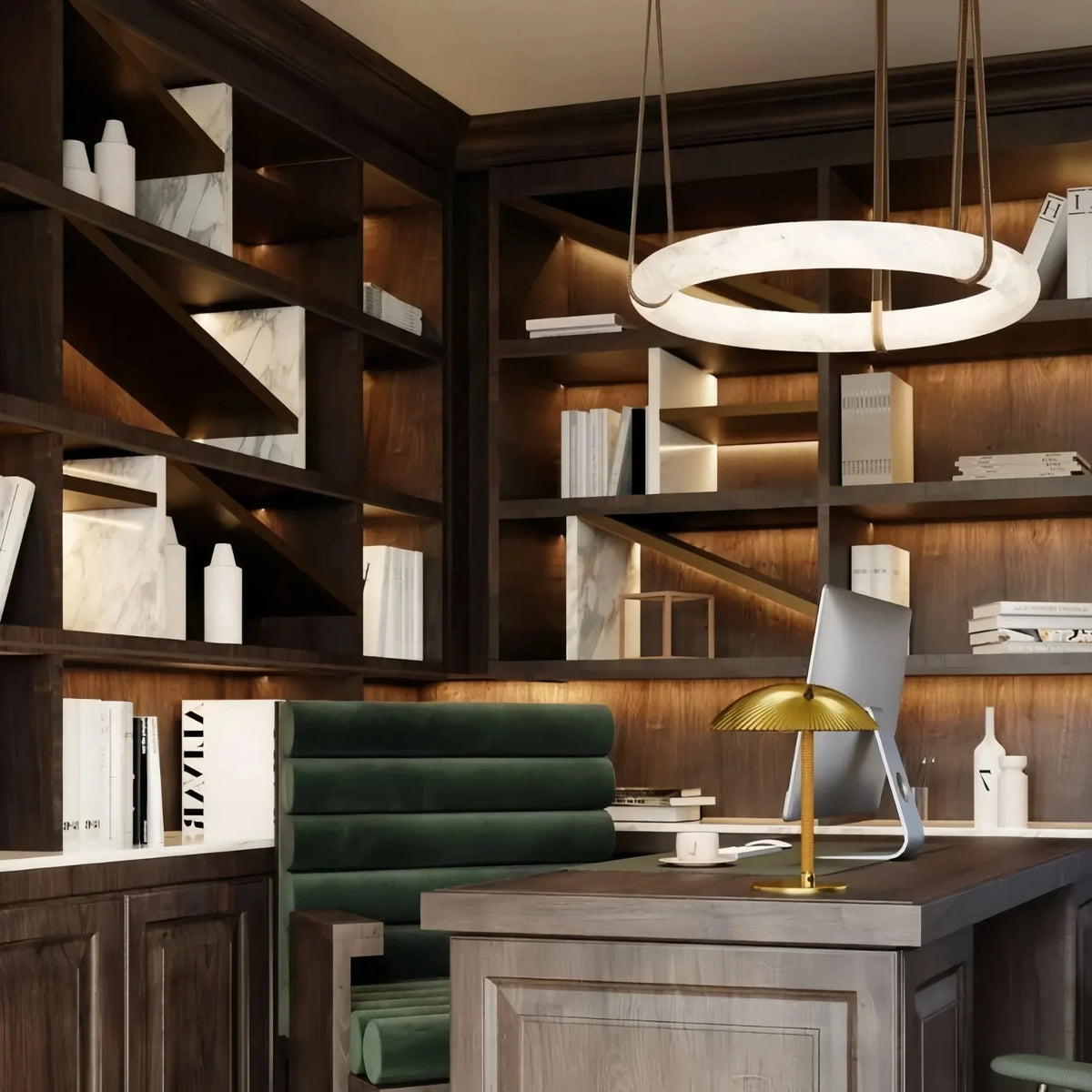 Oslo L1P Pendant Alabaster Chandelier, Halo Ring Chandelier With canopy Over Dining Table - 45'' D Single RingBlushlighting