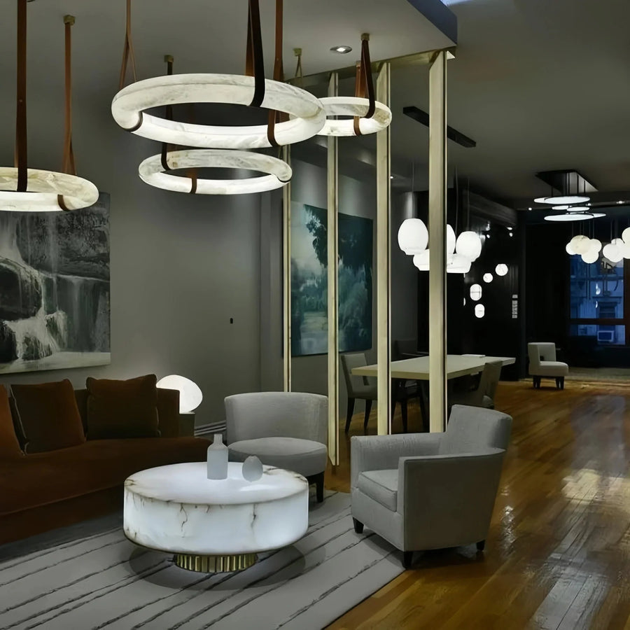 Oslo L1P Pendant Alabaster Chandelier, Halo Ring Chandelier With canopy Over Dining Table - 39.4" D Single RingBlushlighting