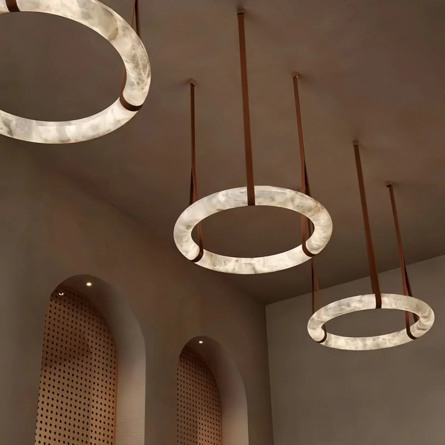 Oslo L1P Pendant Alabaster Chandelier, Halo Ring Chandelier With canopy Over Dining Table - 31.5" D Single RingBlushlighting