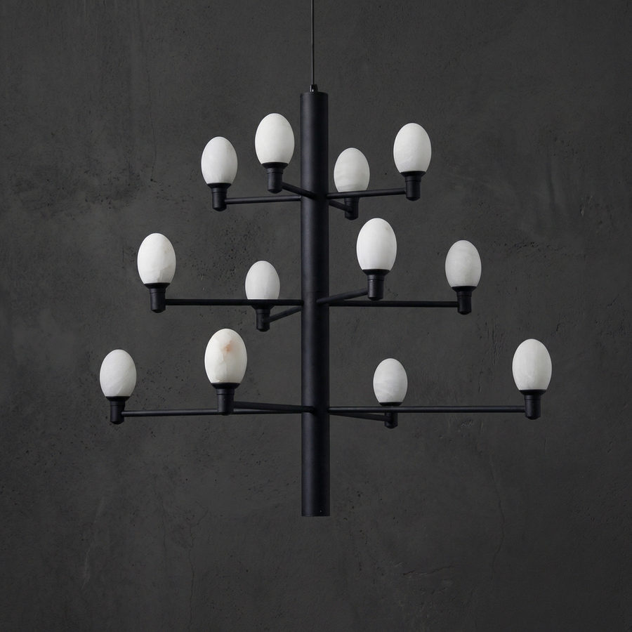 Large Black Chandelier in a dining room