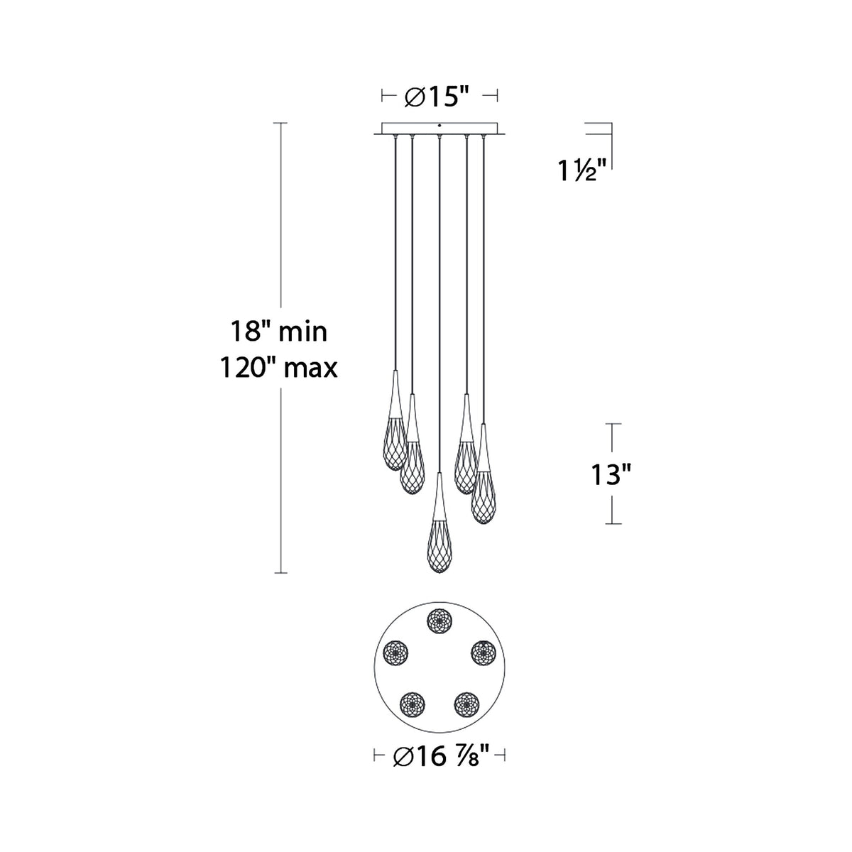 Hibiscus LED Multi Light Pendant Light - line drawing.